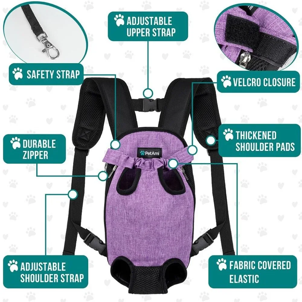 PetAmi Pet Carrier Backpack Front Puppy Dog Carrier Legs Out Purple Small NEW